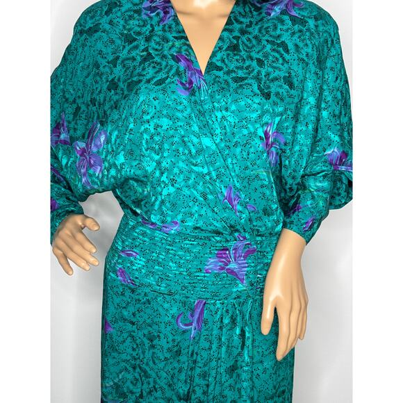 Vintage Maggy London by Jeannene Booher 80s Teal Silk Floral Midi Dress medium - Picture 11 of 17